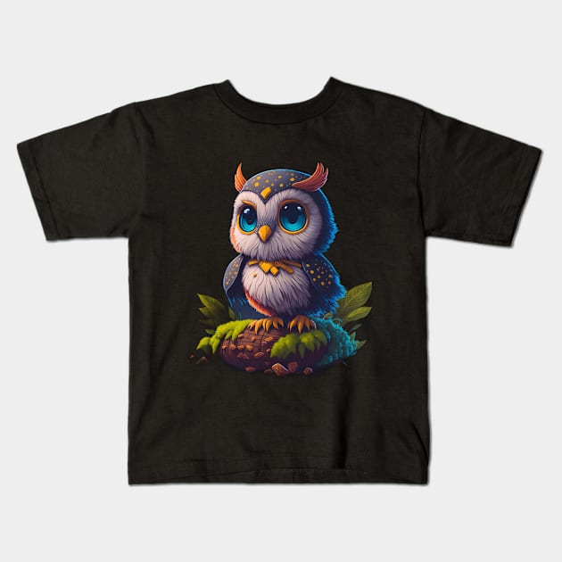 Cute Owl with Blue Feathers Kids T-Shirt by JDVNart